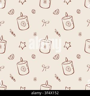 Hand drawn cozy Christmas candles seamless pattern vector doodle illustration Stock Vector