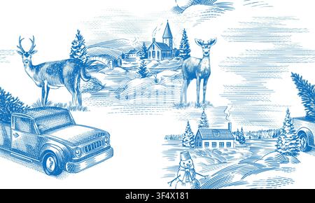 Christmas Toile De Jouy seamless pattern. Winter scenes with nature and pines. Winter snowy town and pickup truck with christmas tree in the trunk Stock Vector