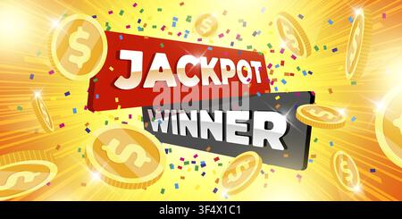 Golden jackpot winner typography with 3D effect, sparkling coins, and bold casino lettering on elegant golden backdrop perfect for gambling promotions and prize announcements. Stock Vector