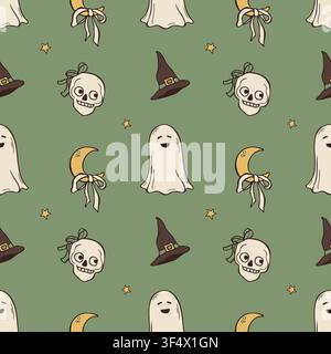 Seamless pattern with hand drawn ghosts, skulls with bows, witch hats and moons on green background Stock Vector