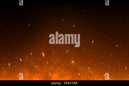 Fire sparks background with glowing embers. Floating ash with burning particles on dark backdrop. Bright flame effect for banner, gaming or cinematic Stock Vector