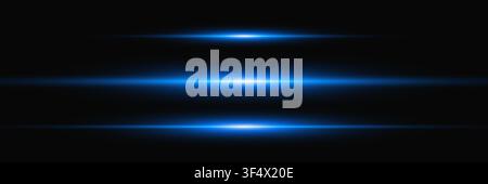 Blue lens flare set. Light effect with glowing horizontal beams. Futuristic laser glow for technology, sci-fi, gaming or digital design. Neon glowing Stock Vector