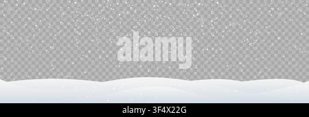 Winter snow background with falling snowflakes and snowy landscape. Christmas holiday template for festive banner or greeting card. Holiday decoration Stock Vector