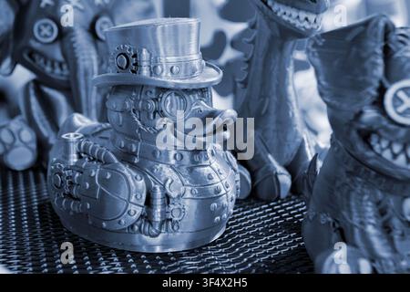 Art models printed on 3D printer. Different objects created on 3D printer from molten plastic. 3D printed different objects. Modern new modern additive progressive technologies. 3D printing technology Stock Photo