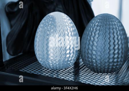 Art models printed on 3D printer. Different objects created on 3D printer from molten plastic. 3D printed different objects. Modern new modern additive progressive technologies. 3D printing technology Stock Photo