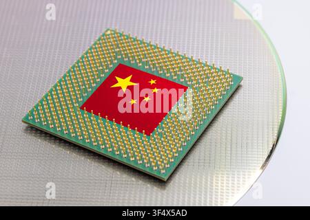 China flag on Computer Chip for Chip War Concept. Global chipmakers CPU Central processing Unit Microchip on Motherboard Republic of China world large Stock Photo
