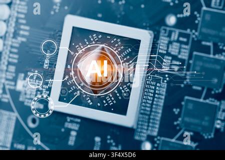 Ai Chips, AI microprocessor, NPU chips, Artificial intelligent memory computer processor on circuit board. Stock Photo