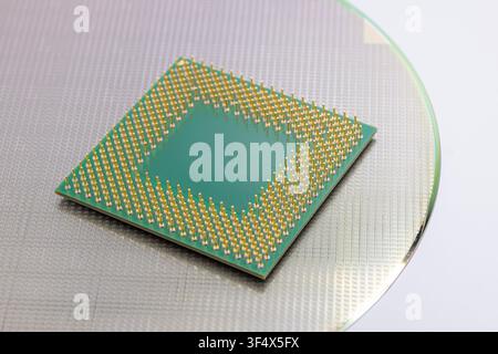 CPU processor chip on Silicon Wafer Chips Production Technology Modern Business industry for AI Era concept. Stock Photo