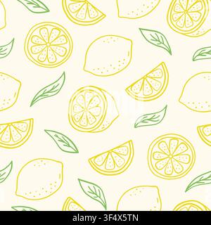 Seamless pattern with hand drawn whole and sliced lemons, green leaves on a light beige background. Vector illustration Stock Vector
