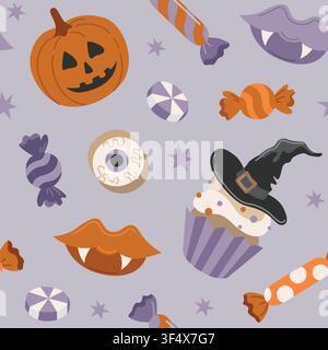 Hand-drawn Halloween seamless pattern with trick-or-treat sweets, spooky cupcake, eyeball, vampire lips and Jack-o-lantern pumpkin Stock Vector