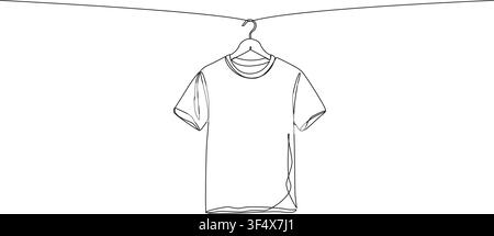continuous line drawing of a t-shirt hanging on a clothesline on a hanger, minimalist line art vector illustration Stock Vector