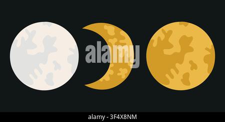 Hand-drawn moon phases illustrations set, full moon and new moon in white and yellow colors for packaging or seasonal design Stock Vector