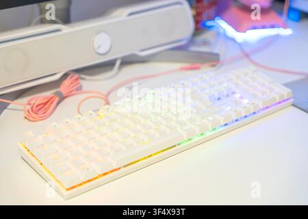 Computer keyboard with colorful backlighting creating a modern tech setup for work or play Stock Photo
