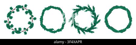 Collection of Hand Drawn Christmas Wreaths and Botanical Frames, Minimal Evergreen Holiday Elements for Invitations, Greeting Cards and Seasonal Desig Stock Vector