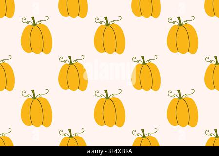 Large yellow pumpkin in seamless pattern. Autumn harvest repeat design. Vector illustration for seasonal fabric, fall wallpaper. Stock Vector