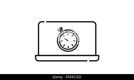 Laptop with stopwatch speed symbol on screen vector icon. Black line art style on white background. Mobile PC performance optimization, website loadin Stock Vector