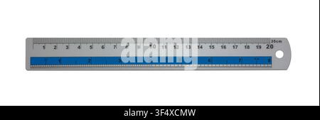 Aluminum ruler with 20 cm metric scale and 8 inch imperial scale, isolated, on white background Stock Photo