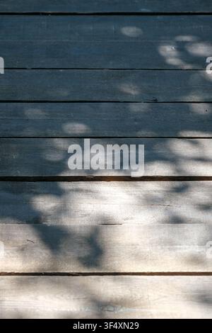 Soft sunlight filtering through tree leaves creates natural shadow patterns across weathered wooden deck boards. Minimal outdoor background with organ Stock Photo