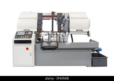 Heavy duty automatic dual column horizontal band saw machine for precision metal cutting. Features a robust steel frame with white protective covers, Stock Photo