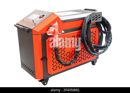 Mobile industrial laser cleaning machine on wheels. Features a red and black chassis with ventilation grilles, a digital control panel with an emergen Stock Photo