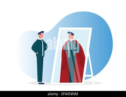 Businessman Looking At Reflection In Mirror Seeing Super Hero, Illustration Stock Vector
