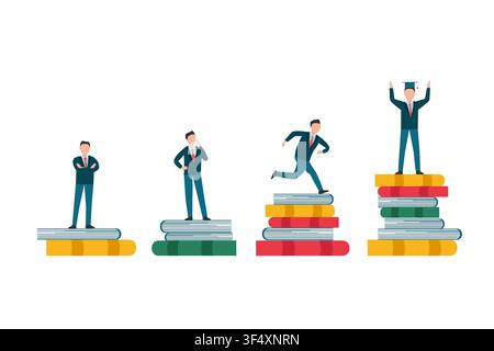 People Standing On Book Stacks Steps Increasing Knowledge, White Background Stock Vector