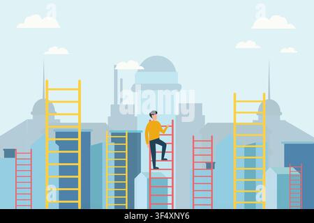Man Climbing Up The Ladder Over Blue Cityscape Background, Vector Stock Vector