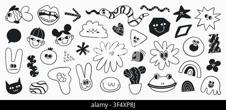 Funky naive art set. Doodle illustrations. Vector Stock Vector