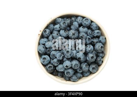 Fresh delicious blueberries in bowl isolated on white background. Top view Stock Photo