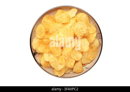 Potato chips on plate isolated on white background. Top view Stock Photo