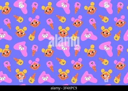 Funky Seamless Patterns with Girls and Ice Creams. Stock Vector