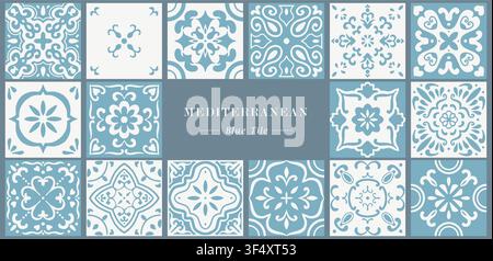 Mediterranean vector blue ceramic design template. Portuguese, moroccan or turkish modern motif ornaments. Mosaic ethnic traditional ornaments.  Stock Vector