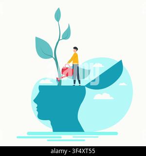 Man Watering Plant Growing From Head, Personal Growth Illustration, Square Stock Vector