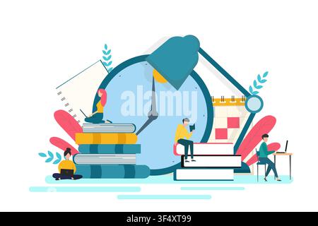 Four Students Reading Sitting Among Book Stacks, White Background, Illustration Stock Vector