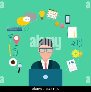 Businessman Working At Laptop Surrounded By Icons, Green Background, Vector Stock Vector