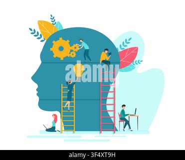 People Learning Near Blue Head Silhouette, White Background, Conceptual Illustration Stock Vector