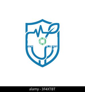 Modern Professional Line Art Health Shield Leaf Medical Logo Stock Vector
