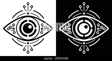 AI Cyber Eye Technology Logo Icon, Digital Vision, Artificial Intelligence Security, Circuit Eye Vector Symbol, Black and White Stock Vector