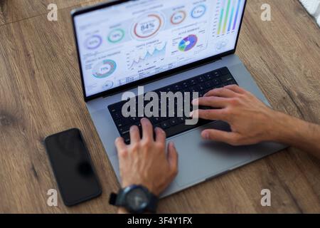 Top view of a man's hands typing on a laptop keyboard while analyzing a financial dashboard with charts and graphs on the screen. A smartphone lies ne Stock Photo