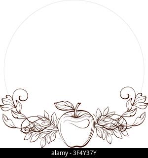 Round frame with apple and botanical flourishes, fine line vector illustration in refined heritage style for branding, stationery, packaging Stock Vector
