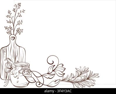 Corner frame with wooden board, honey jar and rosemary, botanical pen line vector illustration in classic vintage style for menus, branding, packaging Stock Vector