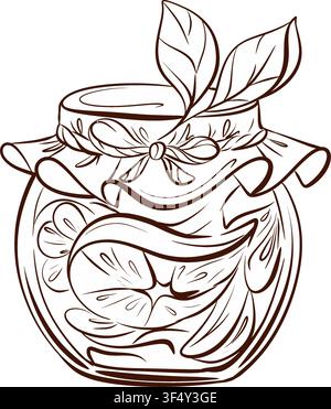 Glass jam jar, botanical fine line vector illustration in timeless farmhouse style for preserve packaging, pantry labels, cookbook covers, stationery Stock Vector