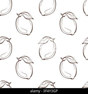 Seamless pattern with ripe lemons, botanical fine line vector illustration in elegant French style for beverage packaging, kitchen textiles, wrapping Stock Vector