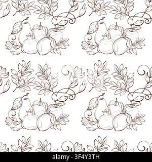 Seamless pattern with orchard fruits and botanical flourish, delicate line vector illustration in timeless farmhouse style for wrapping paper Stock Vector