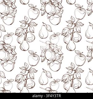 Seamless pattern with pear and apple branches, botanical pen line vector illustration in timeless vintage style for fabric, stationery, wrapping paper Stock Vector