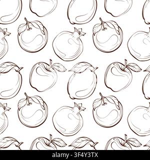 Seamless pattern with pears, apples, lemons, oranges and pomegranates, botanical fine line vector illustration in refined heritage style for packaging Stock Vector