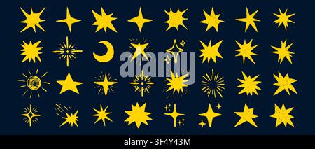 Sparkling hand-drawn star sketches with glitter and shine effects. Line art icons featuring magic sparkles, twinkle elements, and decorative light Stock Vector
