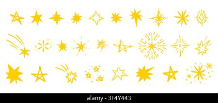 Sparkling hand-drawn star sketches with glitter and shine effects. Line art icons featuring magic sparkles, twinkle elements, and decorative light Stock Vector
