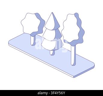 Tree Set in schematic isometric view. Flat vector illustration for landscaping plans, architectural visualization, park design Stock Vector