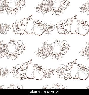 Horizontal seamless pattern with apple, pear and botanical flourish, contour line vector illustration in graceful French style for textiles, wrapping Stock Vector